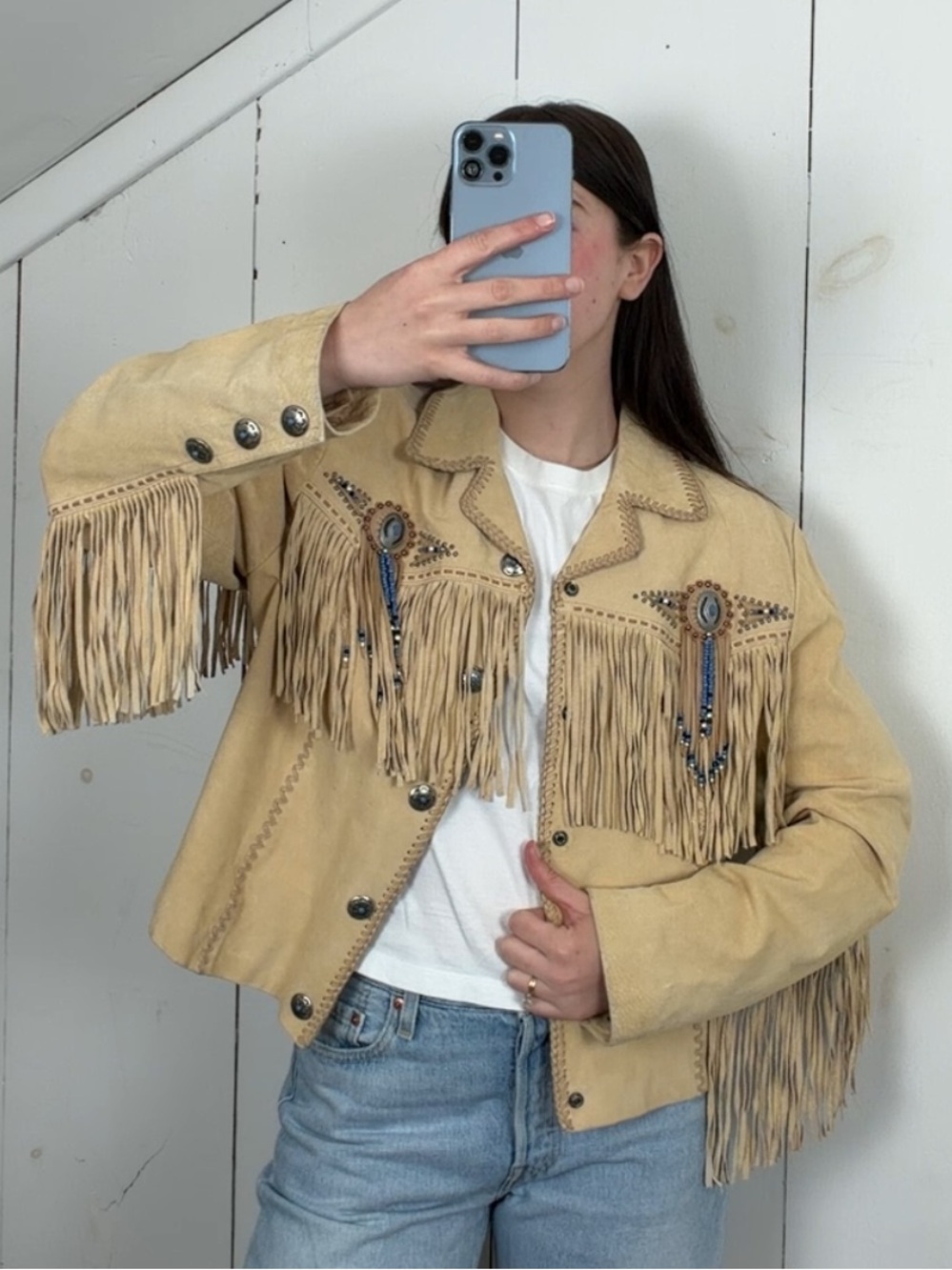 Cripple Creek Tan Suede Leather Fringe Western Jacket Womens L Beaded Medallions - Picture 8 of 15
